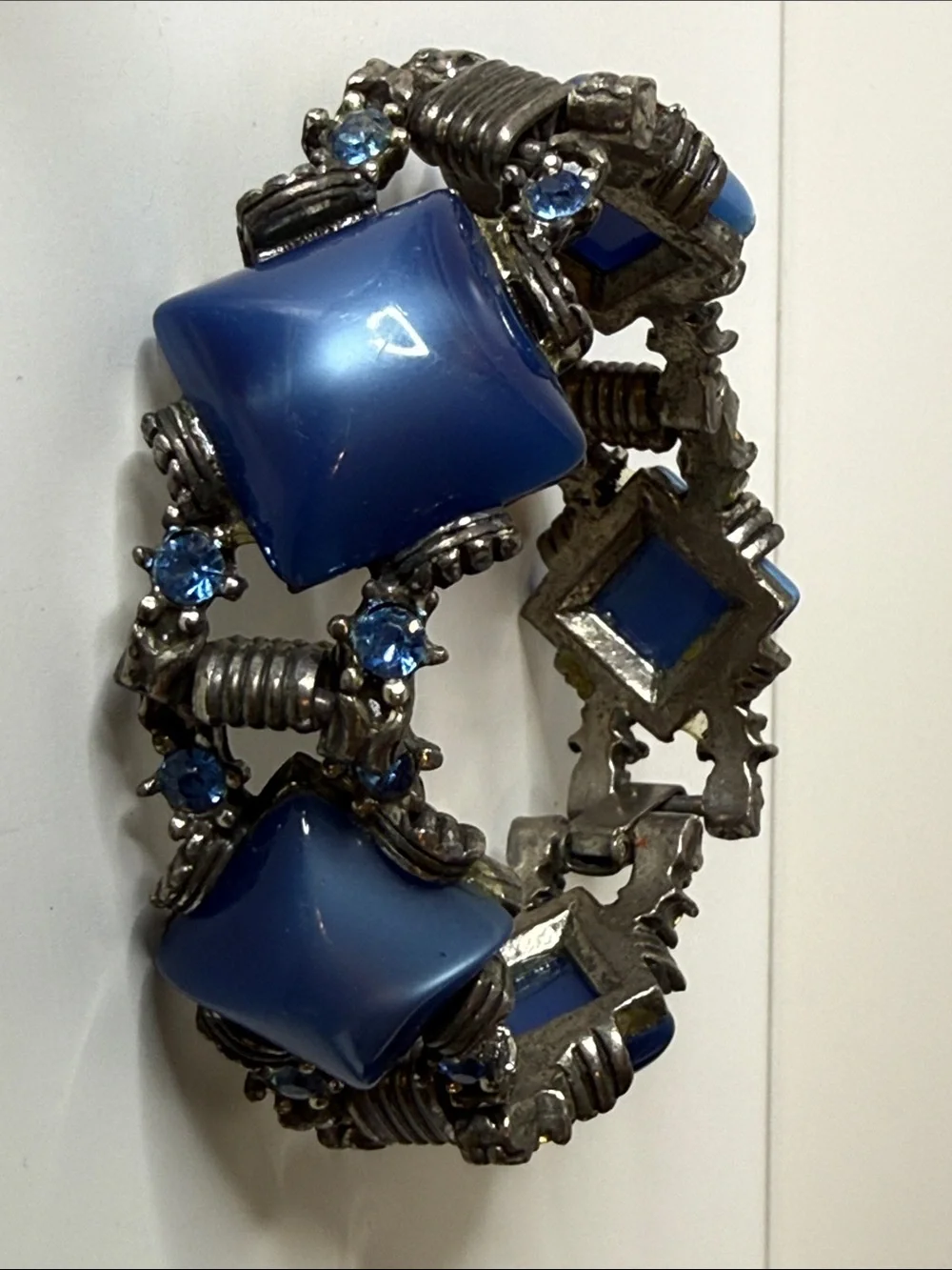 Blue diamond shape moonglow rhinestone chunky gunmetal Vintage Bracelet art deco